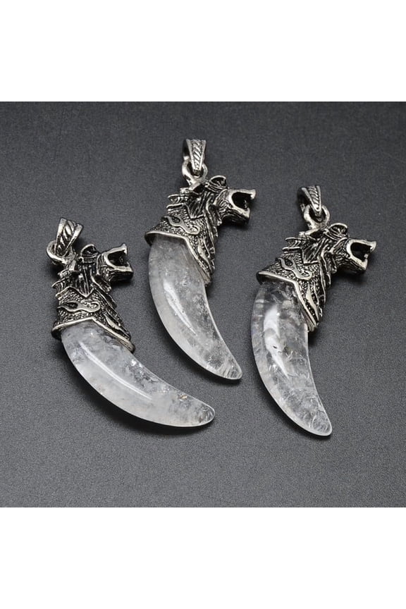 1Pcs Silver Zinc Alloy Natural Quartz Big Pendants Rock Pendants Tusk Shape with Wolf Natural Stone Charms for Necklace Bracelet Jewelry Making DIY Craft Making for making