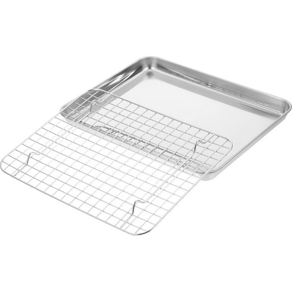 1Pcs Small Baking Sheet with Wire Rack,Stainless Steel Grid Cooling Rack and Baking Tray Set,Toaster Oven Tray Pan with Grid Rack,Dishwasher Safe,for Cookie Bacon Steak 9.3 x 6.9 x 1 Inch