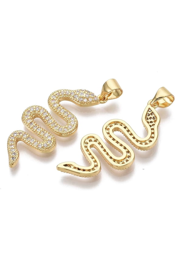 1Pcs Snake Charms Brass Micro Pave Cubic Zirconia Pendants with Brass Snap On Bails Clear Real 16K Gold Plated for Women DIY Necklace Jewelry Craft Making 29.5x12.5x2mm Hole: 4x3.5mm 1pc