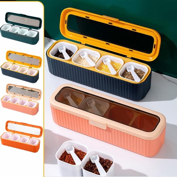 1Pcs Spice Jar, Yrmaups 4 Compartment Spice Box, Kitchen Seasoning Organizer with Spoons, Clear Spice Container Set, Countertop Spice Rack, Airtight Herb and Spice Storage