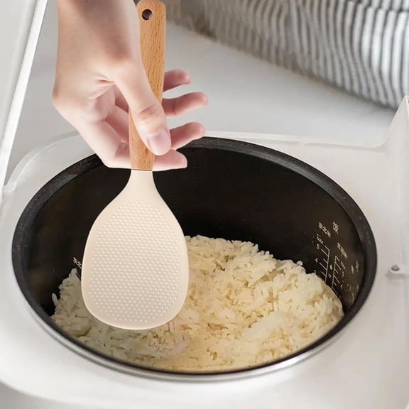 1Pcs Standing Silicone Rice Spoon Paddle with Wood Handle, Rice and Potato Servers,Household Rice Shovel Heat Resistant Anti-scalding Rice Scooper