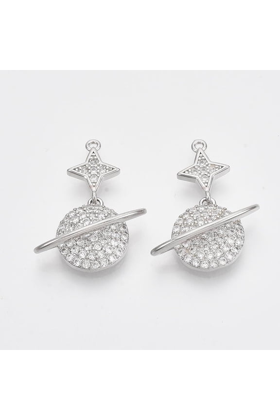 1Pcs Star and Planet Pendants Brass Micro Pave Cubic Zirconia Pendants Clear Real Platinum Plated for Women Birthday Festival Elegant Gifts Personalized Jewelry 23x18x6mm Hole: 1mm for DIY