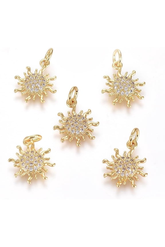 1Pcs Sun Pendants Brass Micro Pave Cubic Zirconia Pendants with Jump Ring Clear Real 18K Gold Plated for Women DIY Necklace Bracelet Earring Jewelry Craft Making 15x12x2mm Hole: 3.5mm
