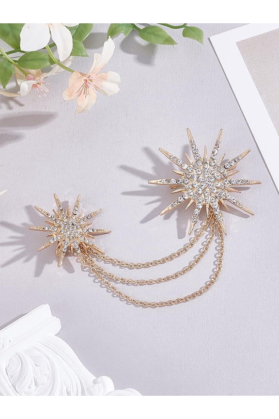 1Pcs Sun Zinc Alloy Rhinestone Tie Clips Golden Brooches Laple Pins Jewelry Gift Brooch for Clothing Dress Coat Decoration Hats Bags Accessory Valentine's Day Elegant Gifts 145mm