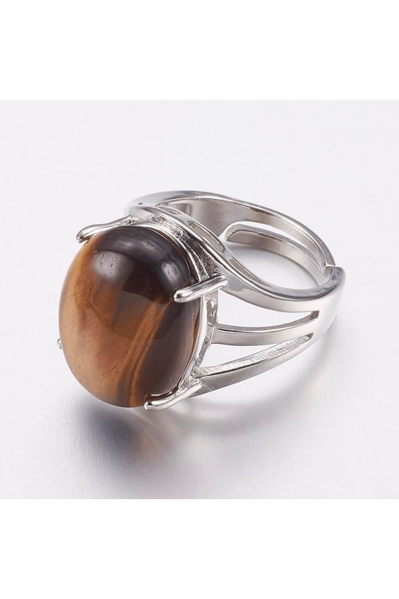 1Pcs Tiger Eye Wide Band Finger Rings Oval Gemstone Rings with Brass Ring Findings for Women Dainty Trendy Jewelry 18mm