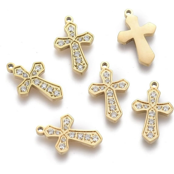 1Pcs Tiny Cross Charms 316 Surgical Stainless Steel Cubic Zirconia Charms Religion Golden for Women Birthday Festival Elegant Gifts Personalized Jewelry 13.5x8.5x1.5mm Hole: 1mm