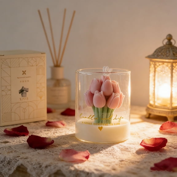 1Pcs Tulip Flower Shape Scented Soy Candles, Relaxing Aromatherapy Candle, Housewarming Gift for Women & Men Ideal Christmas Candles Gift, Pink