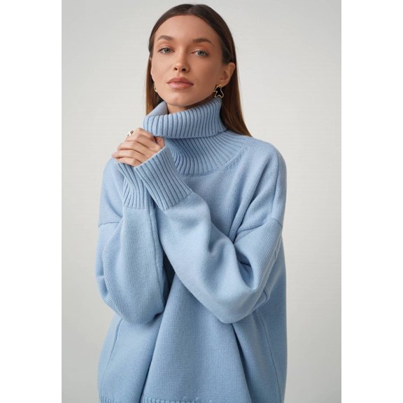 1Pcs Turtleneck Sweater--Sky Blue-Blue-L