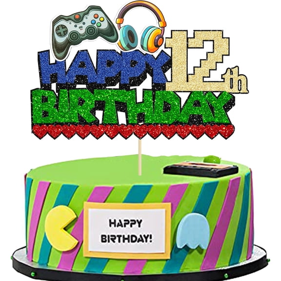 1Pcs Video Game Happy 12th Birthday Cake Topper Glitter Video Game Cake Pick Game On Controllers Twelve Cheers to 12 Years Cake Decoration for Happy 12th Birthday Party Supplies