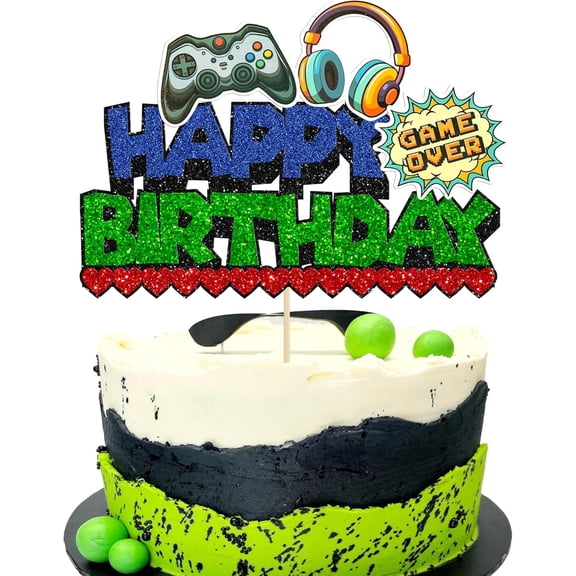 1Pcs Video Game Happy Birthday Cake Topper Glitter Video Game Cake Pick Game On Controllers GamePad Cake Decoration for Game Theme Baby Shower Kids Boys Girls Birthday Party Supplies