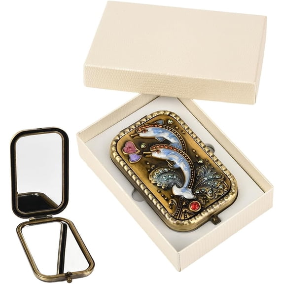 1Pcs Vintage Makeup Mirror Foldable Metal Mirror Portable Cosmetic Pocket Compact Double Sided Touch up Essential with Normal and Magnifying Glass Dolphin Pattern Mini Vanity for DIY Women Travel