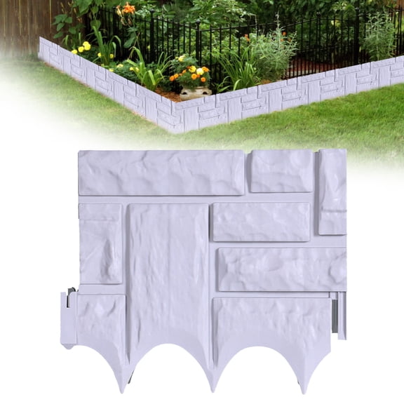 1Pcs Off White Imitation Stone Garden Fence Wall Block Faux Stone Edging for Landscaping,10x8.6 Inch Garden Border Landscape Edging Blocks Garden Plastic Fence for Flower Bed Patio Lawn Path Walkway