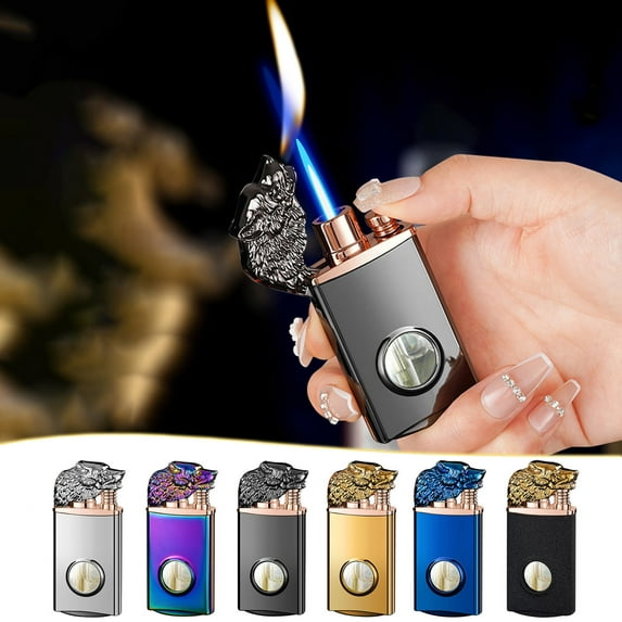 1Pcs Windproof Jet Lighter under $5! Kadlawus Wolf Head Design Luminous Double Flame Lighter, Transparent Gas Tank Windproof Torch Lighter with Gift Box, Novelty Cigar and Grill Lighter