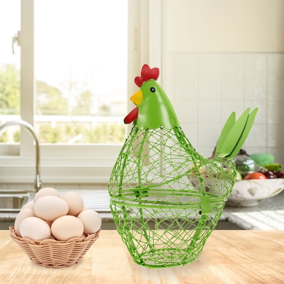 1Pcs Wire Basket for Eggs Chicken Egg Basket Farm Fresh Egg Holder with Hen Design 6.6*6.8Inches Kitchen Eggs Fruit Snacks Storage Organizer for Collecting and Display, Light Green