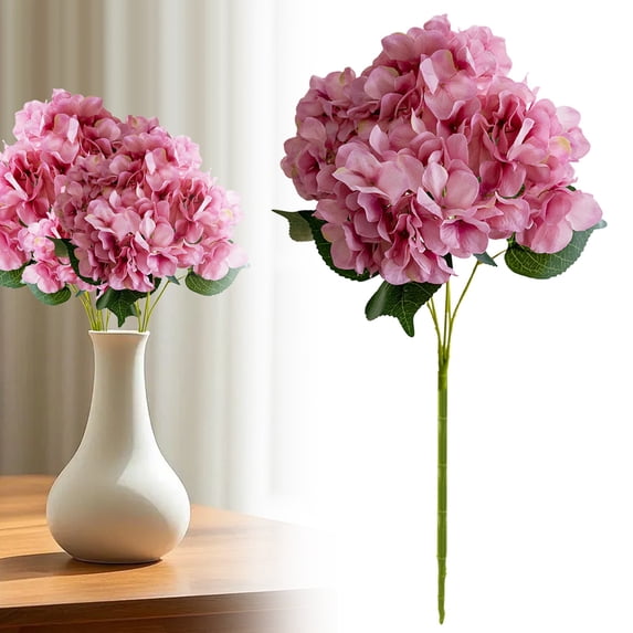 1Pcs deep pink Hydrangea Artificial Flowers, 18.5In Latex Faux Real Touch Large Hydrangea Flowers with Long Stems & Leaves for Home Office Decor Wedding Party Arrangements(deep pink)