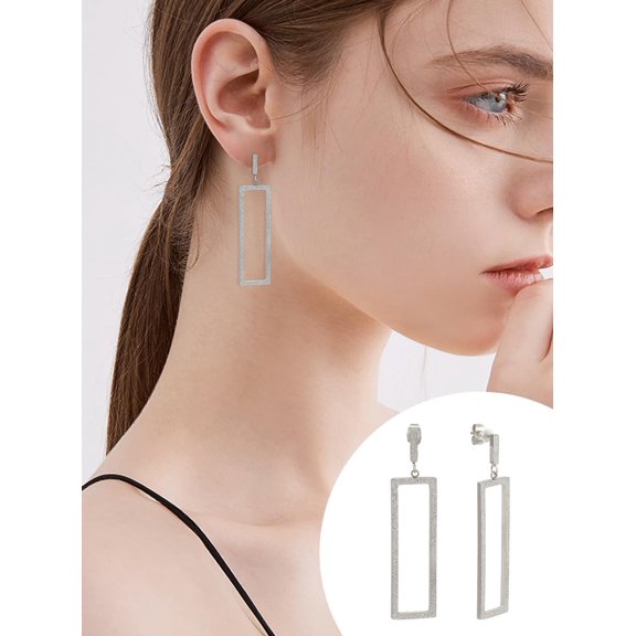 1Piar 304 Stainless Steel Dangle Stud Earrings for Women Hollow Rectangle Stainless Steel color 57x14mm 304 Stainless Steel