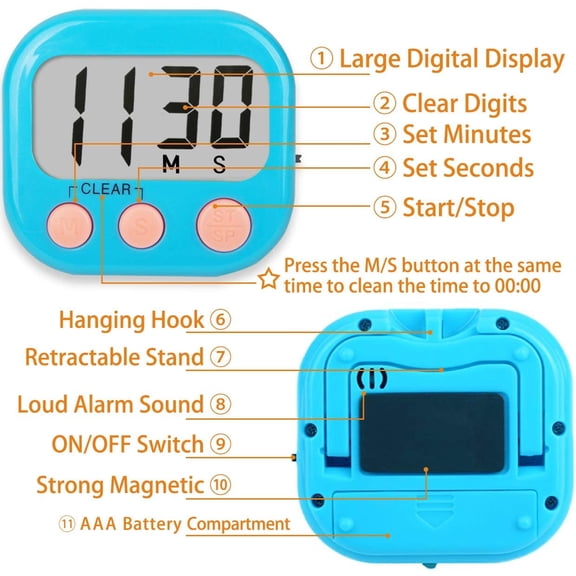 1Piece Multi-Function Electronic Timer, Kitchen Timer, Stopwatch Count Up and Down,Management Timer, Suitable for Kitchen, Study, Work, Exercise Training, Outdoor Activities(Blue)