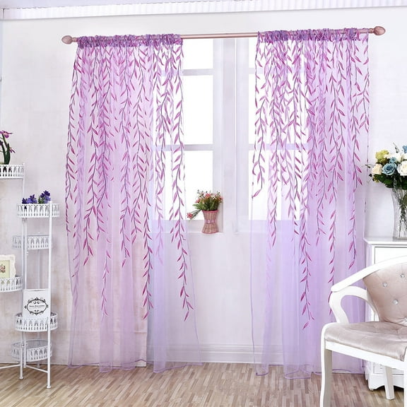 1Piece Willow Leaf Window Curtain Voile Tulle Room Salix Leaf Sheer Vine Curtain Voile Panel Drapes Curtain Purple Willow Leaf Curtain for Living Room, Bedroom, Balcony,39.37x106.3in