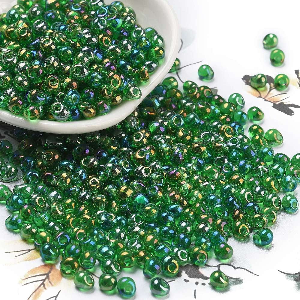 1Pound 6/0 Inside Colours Fringe Glass Seed Beads Teardrop Green 4.5~5x3.5~4x4~5mm Hole: 1mm about 4000pcs/pound