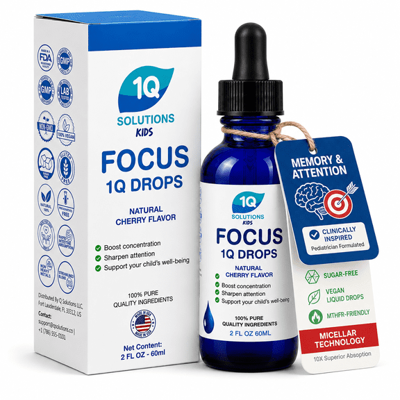 1Q Focus Liquid Brain Supplement for Kids | L-Methylfolate Folate, Acetyl L-Carnitine, B1 B6 B12 Drops for Kids Focus & Attention | Kids Brain Booster, Sugar-Free Vegan Liquid Drops | 2 fl oz