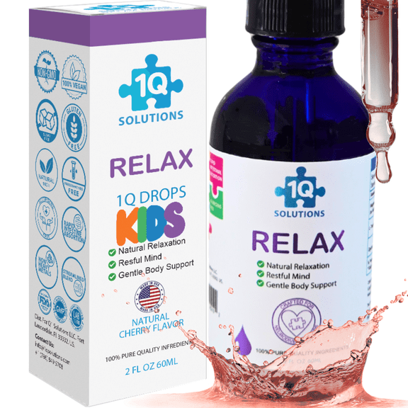 1Q Relax - Magnesium Glycinate & L-Theanine Liquid Natural Drops for Kids Melatonin Free, Sugar-Free, Vegan, Non-GMO, Gluten-Free, Hypoallergenic with Micellar Technology - 2 fl oz