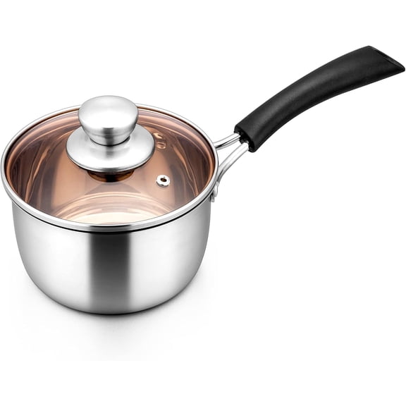 1QT Saucepan with Lid, 1 Quart Stainless Steel Saucepan, Small Pot Milk Soup Pan for Kitchen Restaurant, Long Heatproof Handle, Dishwasher Safe