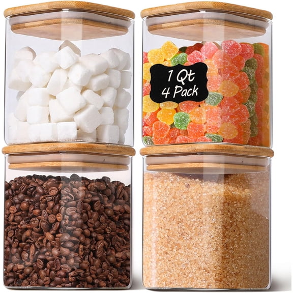 1Qt Airtight Glass Canisters with Bamboo Lid, Square Pantry Storage Containers for Coffee, Cookie, Candy, Snack, Nuts, Dry Goods - Kitchen & Pantry Organizers and Storage Containers 4 pack