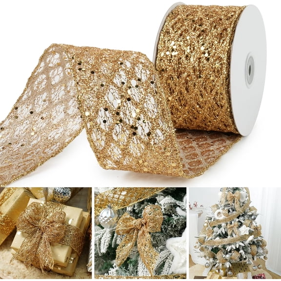 1Roll 2.5 Inch Glitter Diamond Mesh Wired Ribbon for Christmas Tree Gift Wrapping Crafts Bows Wreaths Garland Tree Topper Holiday Decor 10 Yards