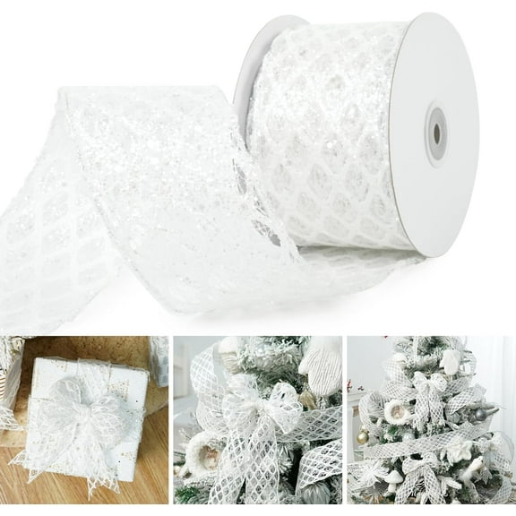 1Roll 2.5 Inch Glitter Diamond Mesh Wired Ribbon for Christmas Tree Gift Wrapping Crafts Bows Wreaths Garland Tree Topper Holiday Decor 10 Yards