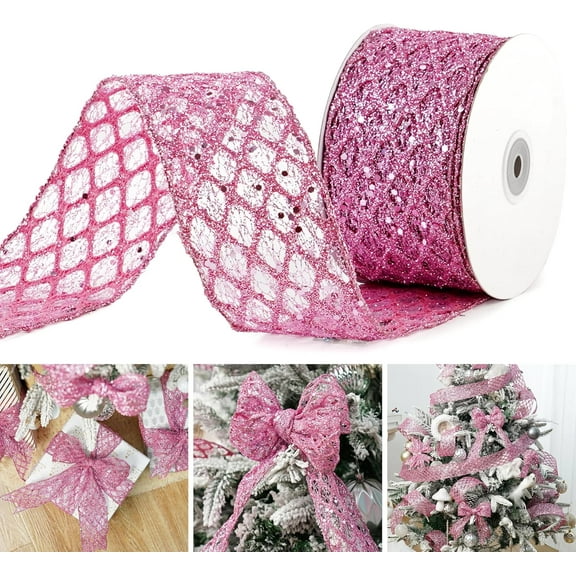 1Roll 2.5 Inch Glitter Diamond Mesh Wired Ribbon for Christmas Tree Gift Wrapping Crafts Bows Wreaths Garland Tree Topper Holiday Decor 10 Yards