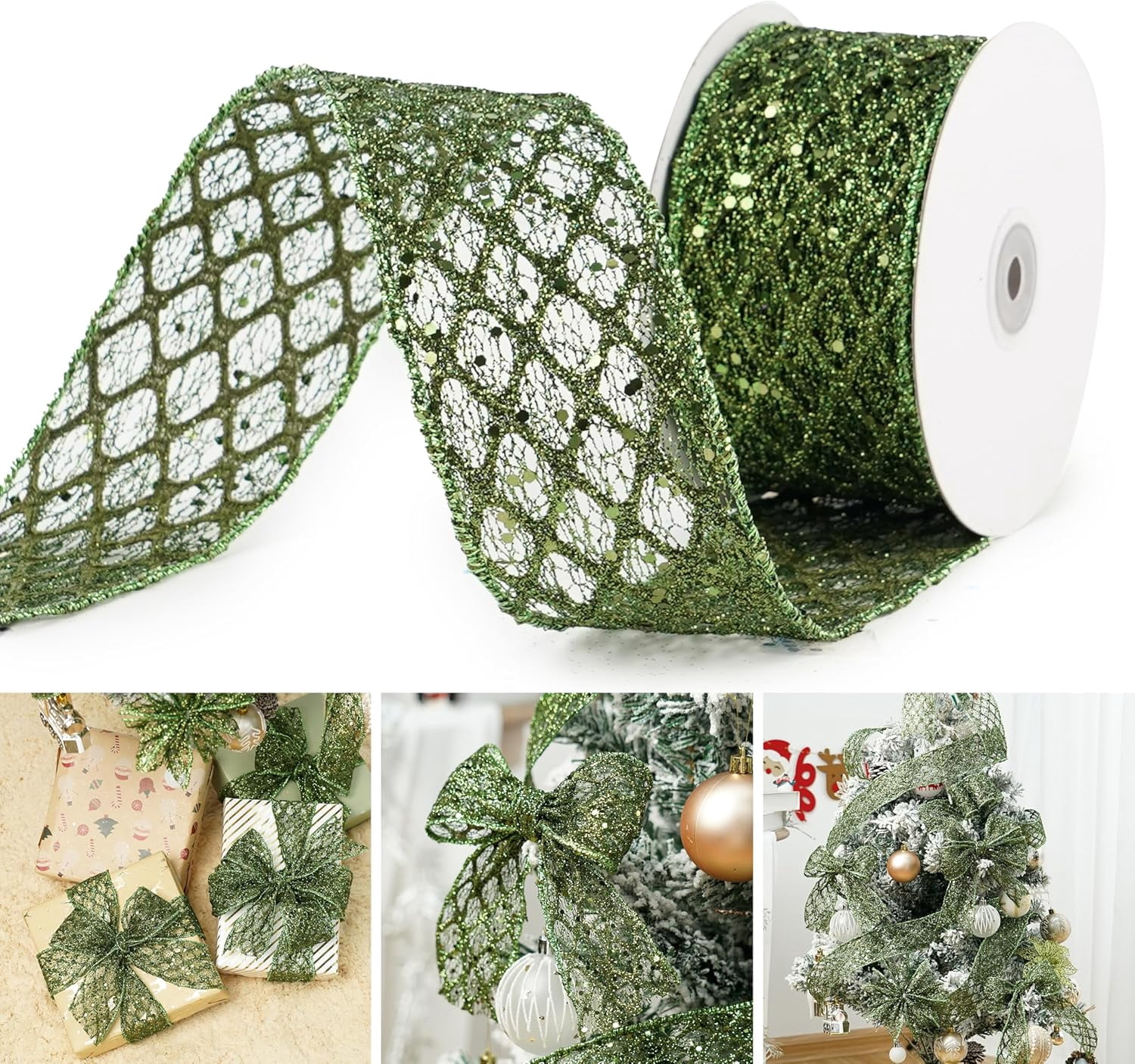 1Roll 2.5 Inch Glitter Diamond Mesh Wired Ribbon for Christmas Tree Gift Wrapping Crafts Bows Wreaths Garland Tree Topper Holiday Decor 10 Yards