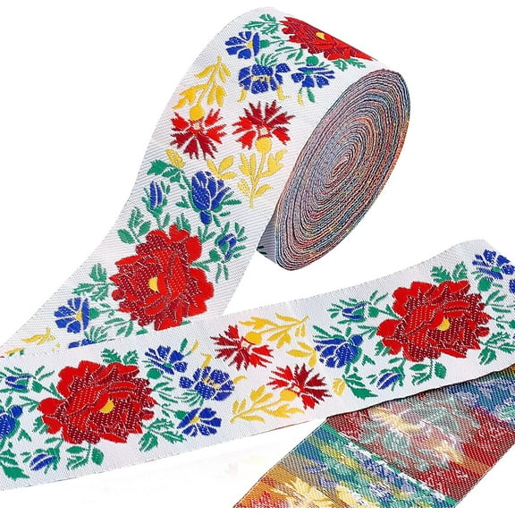 1Roll 2 Inch Jacquard Ribbon 10 Yards /10m Vintage Woven Trim Floral Ribbon Fabric Trim Fringe Embroidered Mexican Ribbon for Boho Clothing Sewing Collar Curtain Embellishment Cake Decoration
