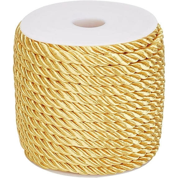 1Roll 59 Feet 5mm Gold Twine Cord Rope 3 Braided Cord Thread Decorative Twisted Satin Polyester String Thread for Home Decor Upholstery Curtain Tieback Graduation Honor Cord