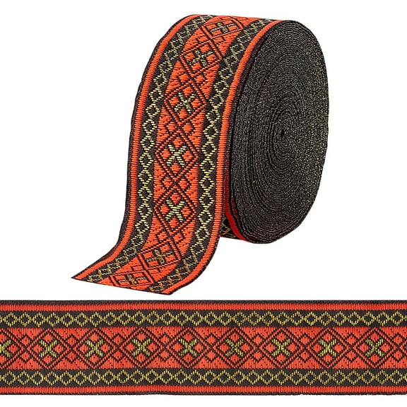 1Roll 7.6 Yards Jacquard Ribbon Geometric Woven Trim Ethnic Ribbon 1.3 Inch/ 3.3cm Red Embroidered Ribbon Jacquard Br Trim for Sewing Handmade Bag Clothing Decoration Gift Wrapping