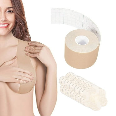 1Roll Breast Lift Tape, Cotton + Spandex Waterproof Self-Adhesive Cloth Tape with Non-Woven Fabric Breast Lift Tape with 5 Pairs of Disposable Lace Breast Strips, Skin Color, 5cm * 5m