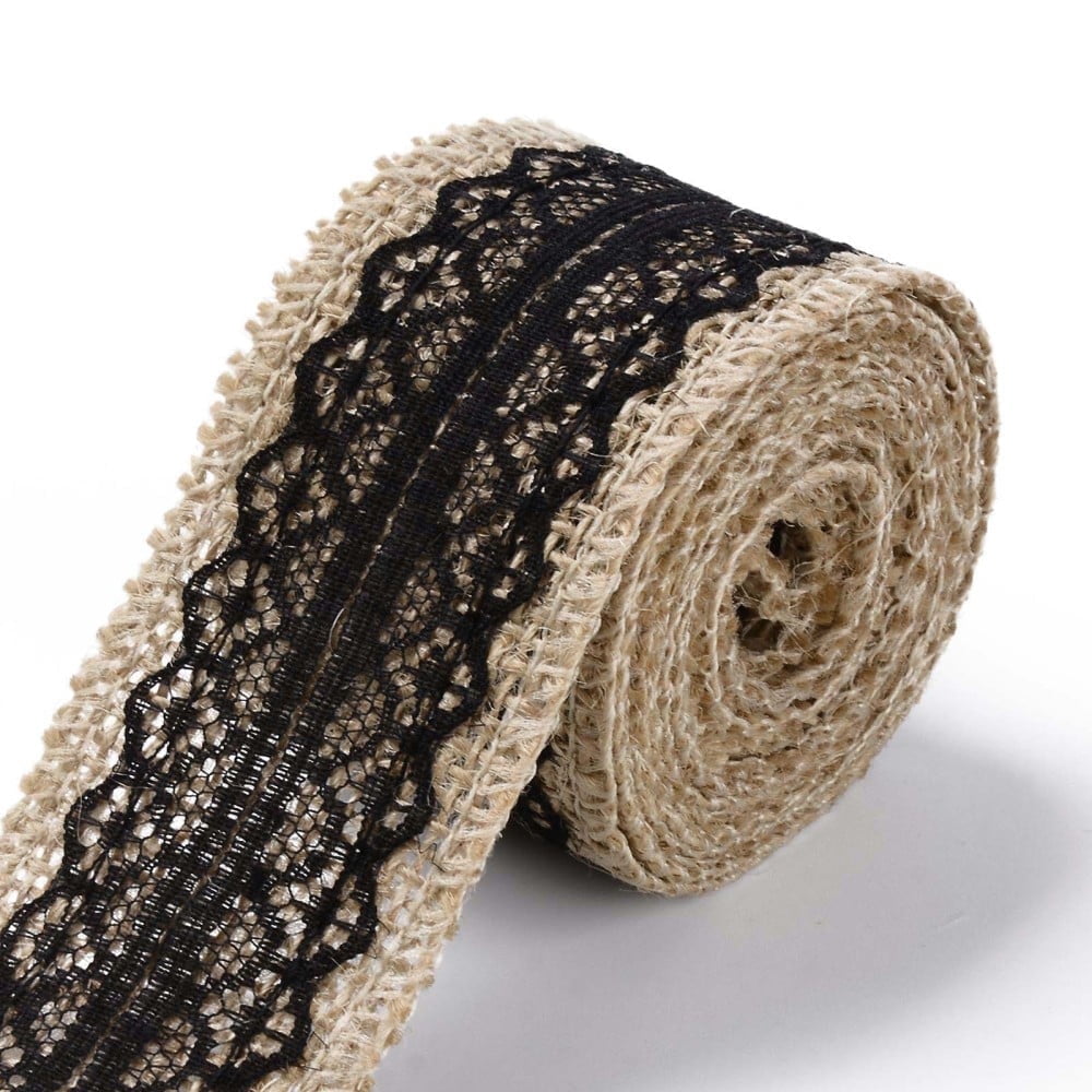 Jute Burlap Ribbon Rolls With Lace - 2pcs, 5 Meters Each, 1 Inch Wide, Rustic DIY Wedding & Craft Decor