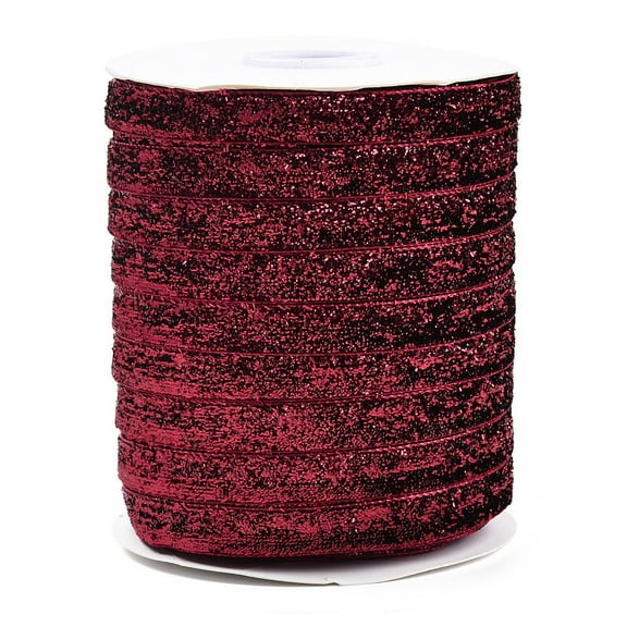 1Roll Glitter Sparkle Ribbon Polyester & Nylon Ribbon Dark Red 3/8 inch(9.5~10mm) about 50yards/roll(45.72m/roll)