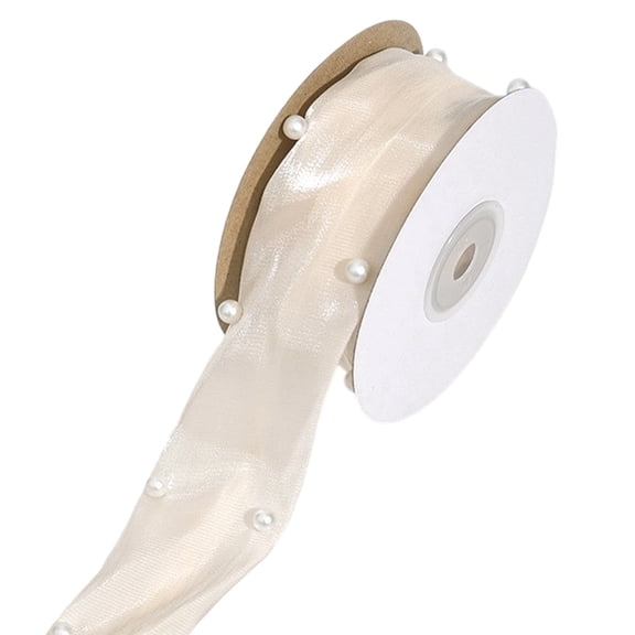 1Roll Polyester Ribbon with Plastic Imitation Pearl for DIY Veils Blushers Fascinators Stage Set Bowknot Making Linen 1-5/8 inch(40mm)