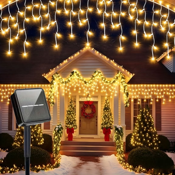 1Roll Solar Icicle String Lights, Auto Dusk-to-Dawn Sensor, 8 Modes, Waterproof, Outdoor for House Eaves, Patio, Yard, Halloween, Christmas Xmas, Wedding Holiday Decor