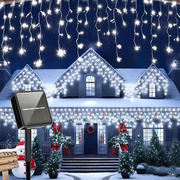 1Roll Solar Icicle String Lights, Auto Dusk-to-Dawn Sensor, 8 Modes, Waterproof, Outdoor for House Eaves, Patio, Yard, Halloween, Christmas Xmas, Wedding Holiday Decor