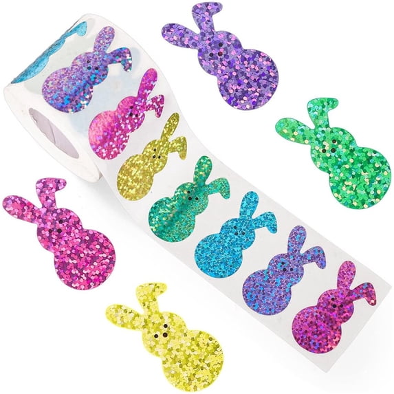 1Roll Sparkly Bunny Stickers Easter Label Stickers Envelope Sealing Decals for Water Bottle Laptop Skateboard Decoration