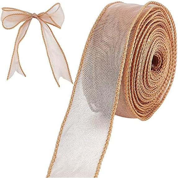 1Roll Wide Gold Wired Chiffon Ribbon Sheer Organza Ribbons for Crafts Gift Wrapping Floral Bouquets Wedding