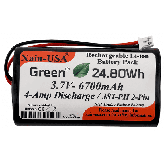 1S2P High-Capacity High-Drain 3.7V - 6700mAh Li-ion Battery Pack, with JST-PH 2-Pin Plug, 152% more power than 4400mAh, for Electronics, Solar Lights, GPS, Meshtastic Solar Node Project, Speakers
