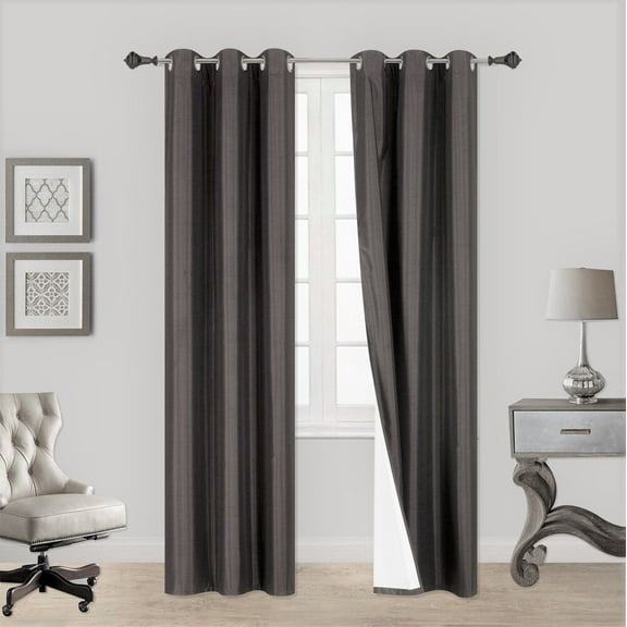 1SET BLACKOUT FAUX SILK WINDOW LINED CURTAIN PANEL DRAPE SILVER 4 SIZES
