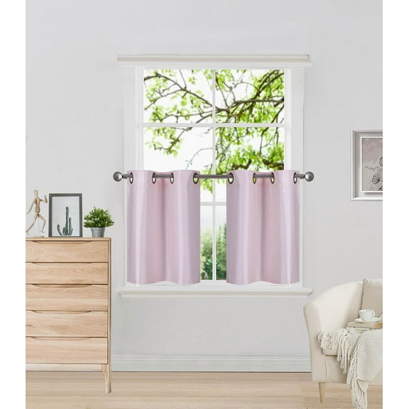 1SET D2 LIGHT PINK Solid Linen Treatment Traditional Curtains for Short Windows, Livingroom, Bathroom, Kitchen, Nursery Two (2) Piece Faux Silk Blackout Tier Panels 30" Wide x 24" Length Each