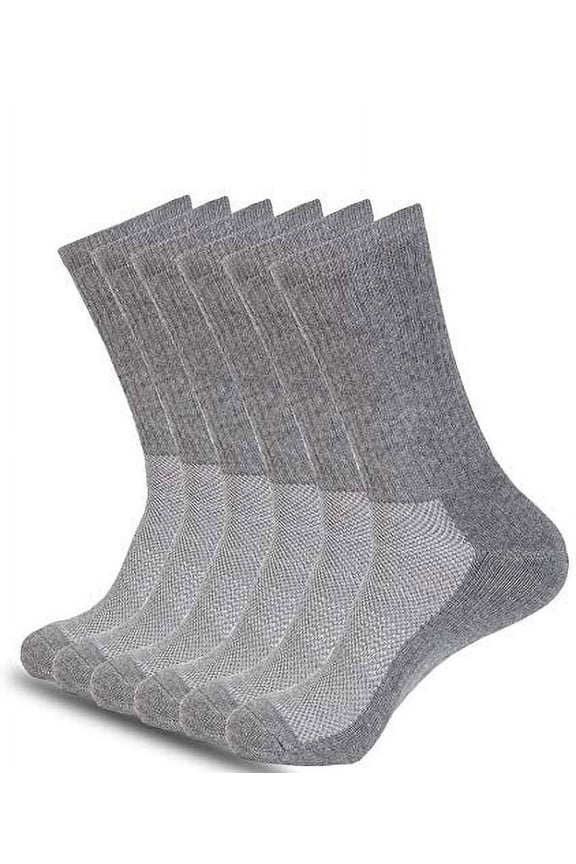 6 Pack Performance Cotton Cushion Crew Athletic Sport Socks Moisture Wicking Arch Support Band Grey