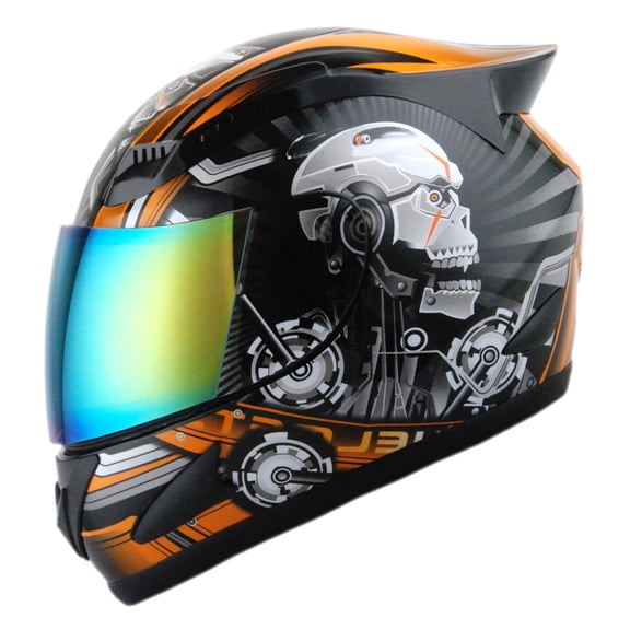 1STORM MOTORCYCLE BIKE FULL FACE HELMET HJDJ11 MECHANIC SKULL ORANGE
