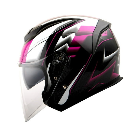 1STORM MOTORCYCLE OPEN FACE HELMET SCOOTER CLASSICAL KNIGHT BIKE DUAL LENS/SUN VISOR HJK526 Racing Pink