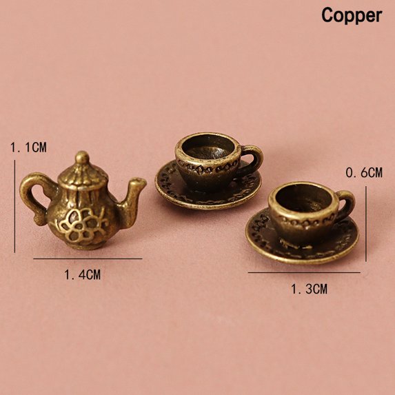 1Set 1:12 Dollhouse Miniature Teapot Cup Saucer Metal Tea Set Dining Table Model Decor Toy Doll House Accessories