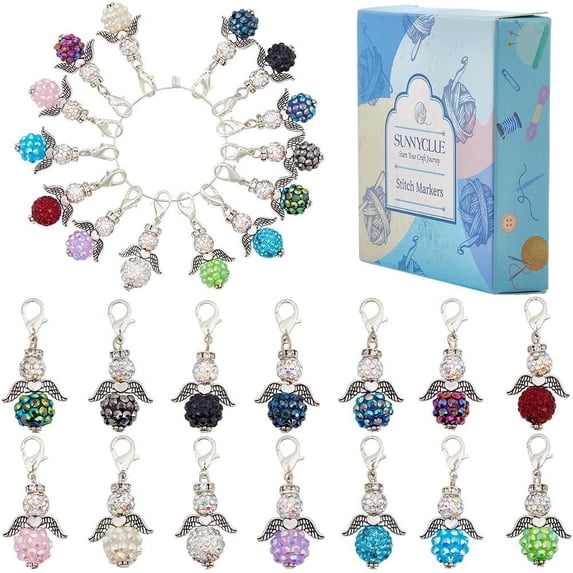 1Set 1 Box 14 Colors Crochet Stitch Markers Charms Knitting Markers Charms Rhinestone Resin Wing Locking Stitch Markers with Lobsters Clasp Clip Marker Charm for Knit Weaving Sewing Accessories